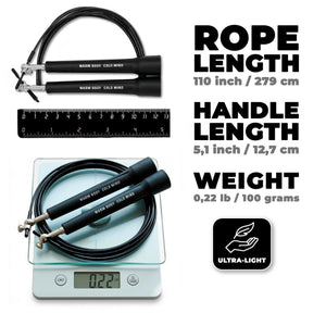 Adjustable Lightweight Jump Rope, black jump rope shown with specifications including length and weight – Warm Body Cold Mind
