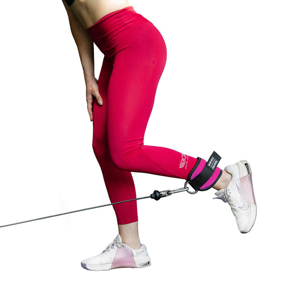 Pink Adjustable Ankle Straps for Cable Machines in use - Warm Body Cold Mind