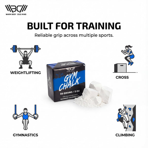 Packaging of gym block chalk with illustrations of people weightlifting, doing gymnastics, cross-training, and climbing. Text reads "Built for Training." - Warm Body Cold Mind