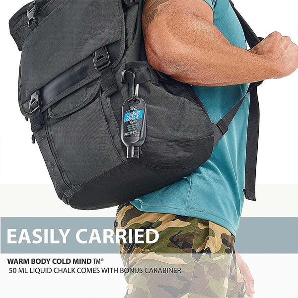 Fast-Drying Liquid Chalk with Citrus Scent 50 ml attached to a backpack with a carabiner for easy carrying - Warm Body Cold Mind