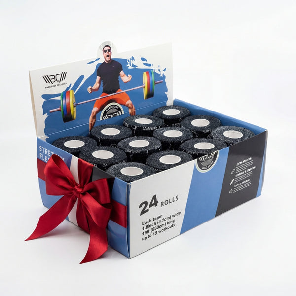 Box of 24 rolls of black tape with a person lifting weights on the packaging, featuring a red ribbon - Warm Body Cold Mind