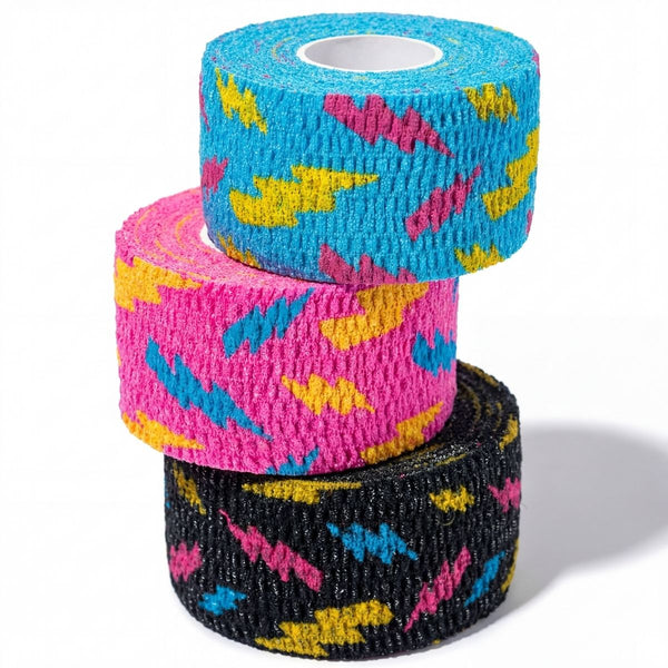 1,5″ Color Mix (Black, Blue, Pink) Narrow Weightlifting thumb Tapes with Flash design (3 Rolls) - Warm Body Cold Mind