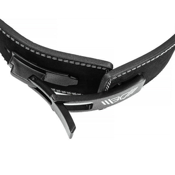 Weightlifting black Lever Belt, metal quick-lock lever buckle with WBCM logo, close-up view - Warm Body Cold Mind