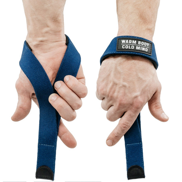 Straps V2 Pro Blue with a brand logo being worn on hands against a white background - Warm Body Cold Mind