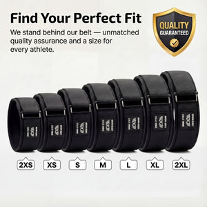 Set of Black 4″ weightlifting Nylon Belts 2.0 with size labels on a white background, featuring a quality assurance badge  - Warm Body Cold Mind