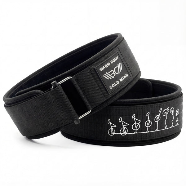 Black 4″ weightlifting Nylon Belt 2.0 with WBCM logo on a white background - Warm Body Cold Mind