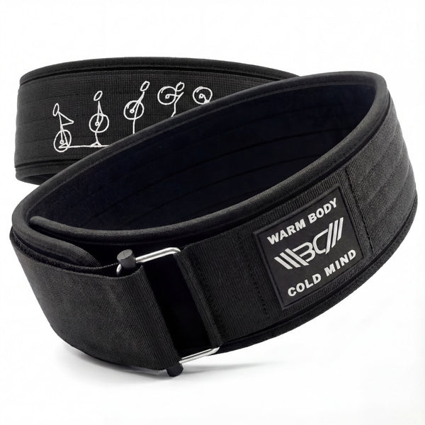 Black 4″ weightlifting Nylon Belt 2.0 with WBCM logo on a white background - Warm Body Cold Mind