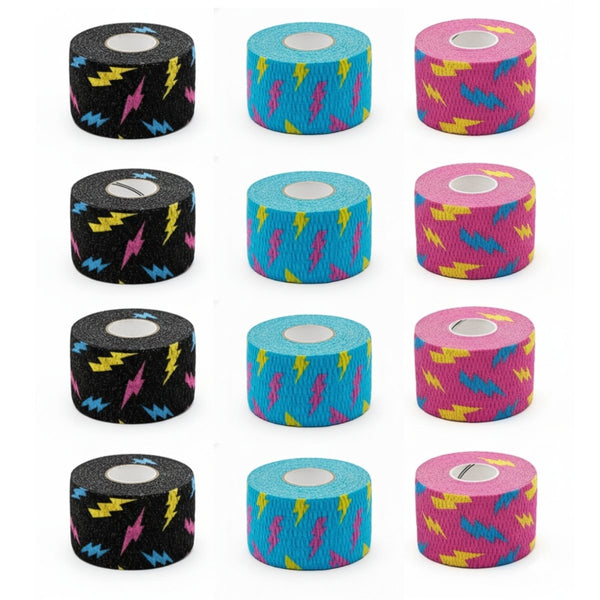 1,5″ Color Mix (Black, Blue, Pink) Narrow Weightlifting thumb Tapes with Flash design (12 Rolls) - Warm Body Cold Mind